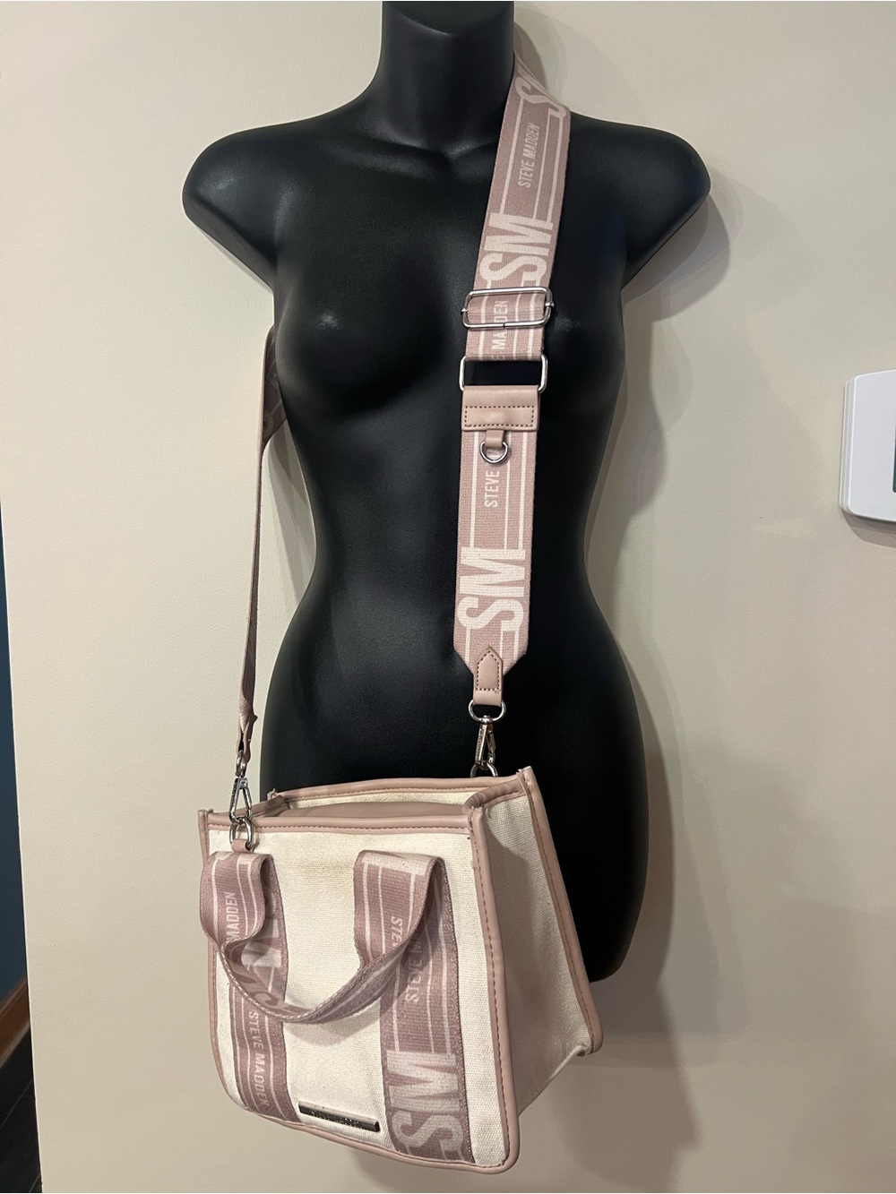 Steve Madden Pale Blush Canvas Crossbody Bag with Branded Strap